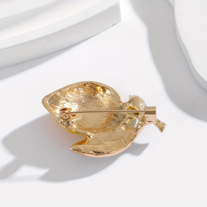 Unisex Lemon Brooch Pin in Korean Style with Rhinestones and Green Leaf Detail