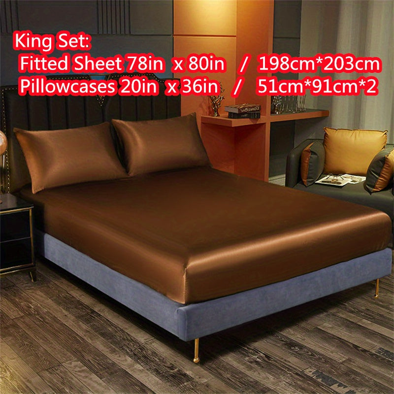 Satin Bedding Set 3 Pieces Fitted Sheet and Pillowcases Solid Color