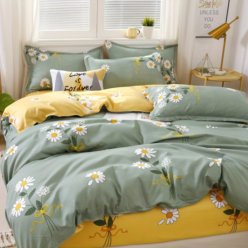 Daisy Print Duvet Cover Set with Pillowcases and Flat Sheet Polyester All-Season Bedroom Decor