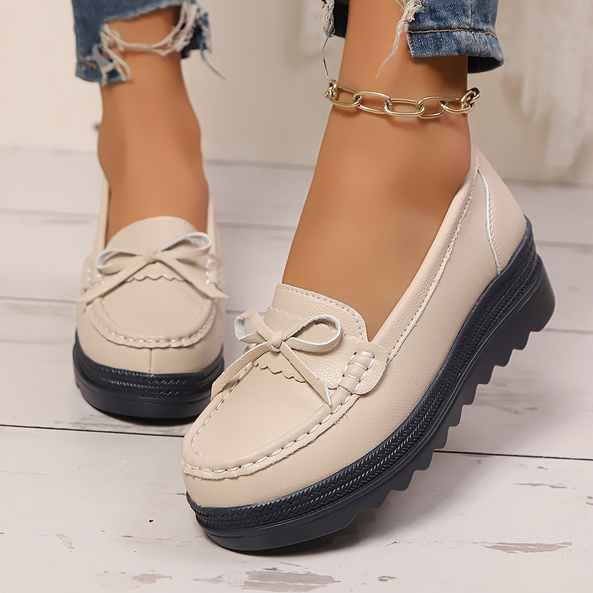 Women's Black Faux Cover Slip-On Loafers with Bow, Lightweight, Comfortable