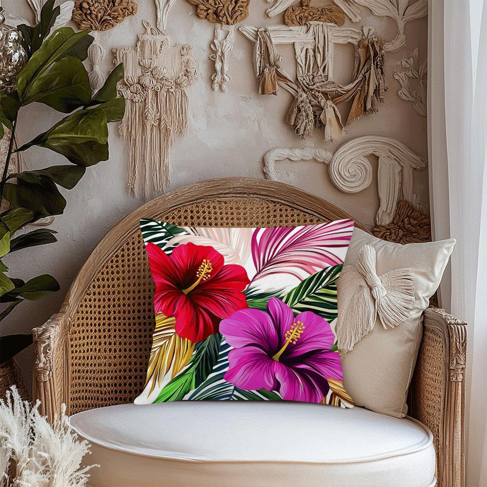 Hibiscus and Palm Print Pillowcase 45cm Polyester Zippered All-Season Cushion Cover