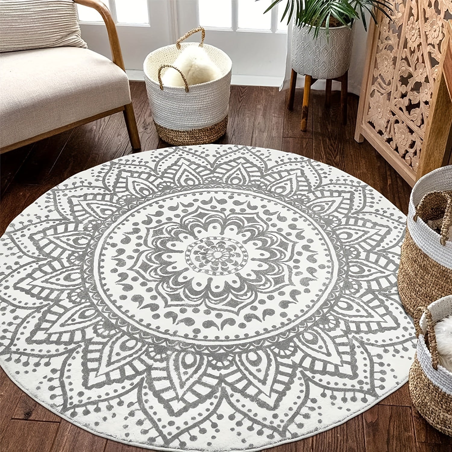 Bohemian Flower Round Carpet Rug Non-slip Indoor Living Room Bedroom Decor