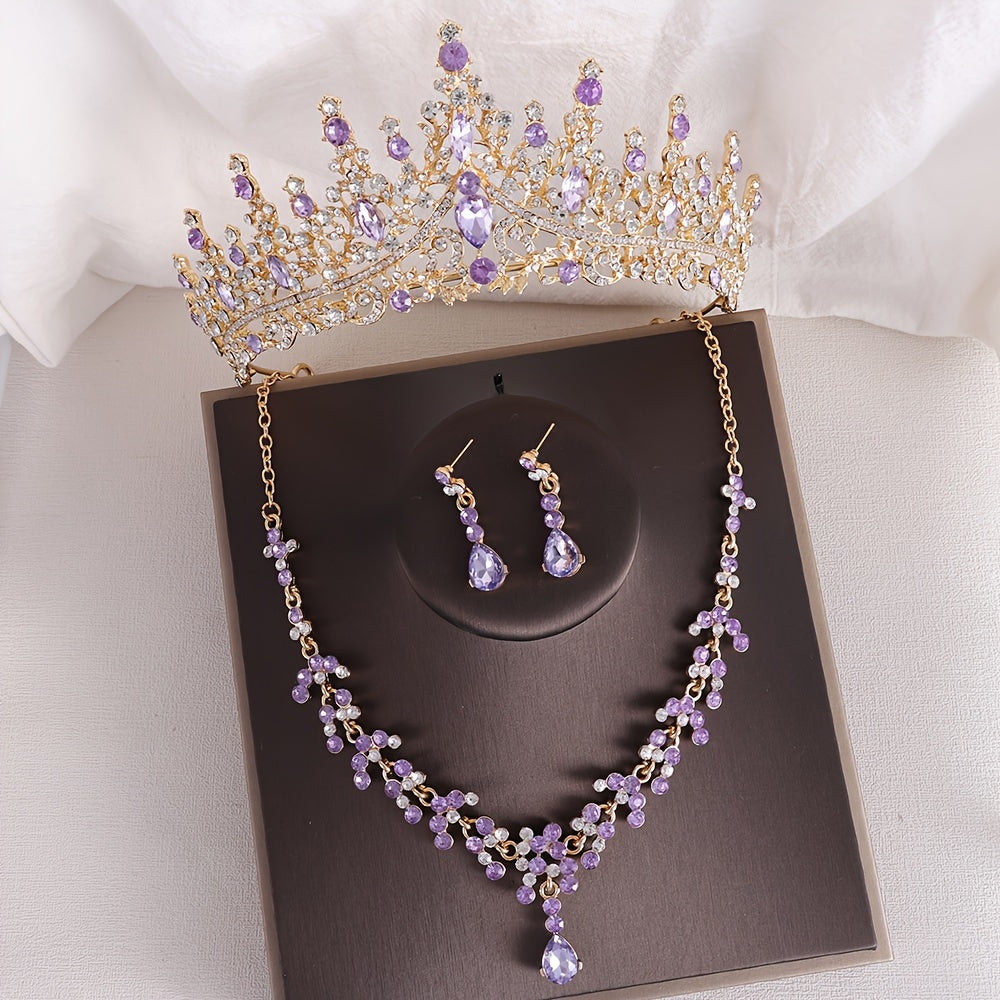 Vintage Baroque Rhinestone Crown Necklace and Earrings Set for Bridal and Wedding