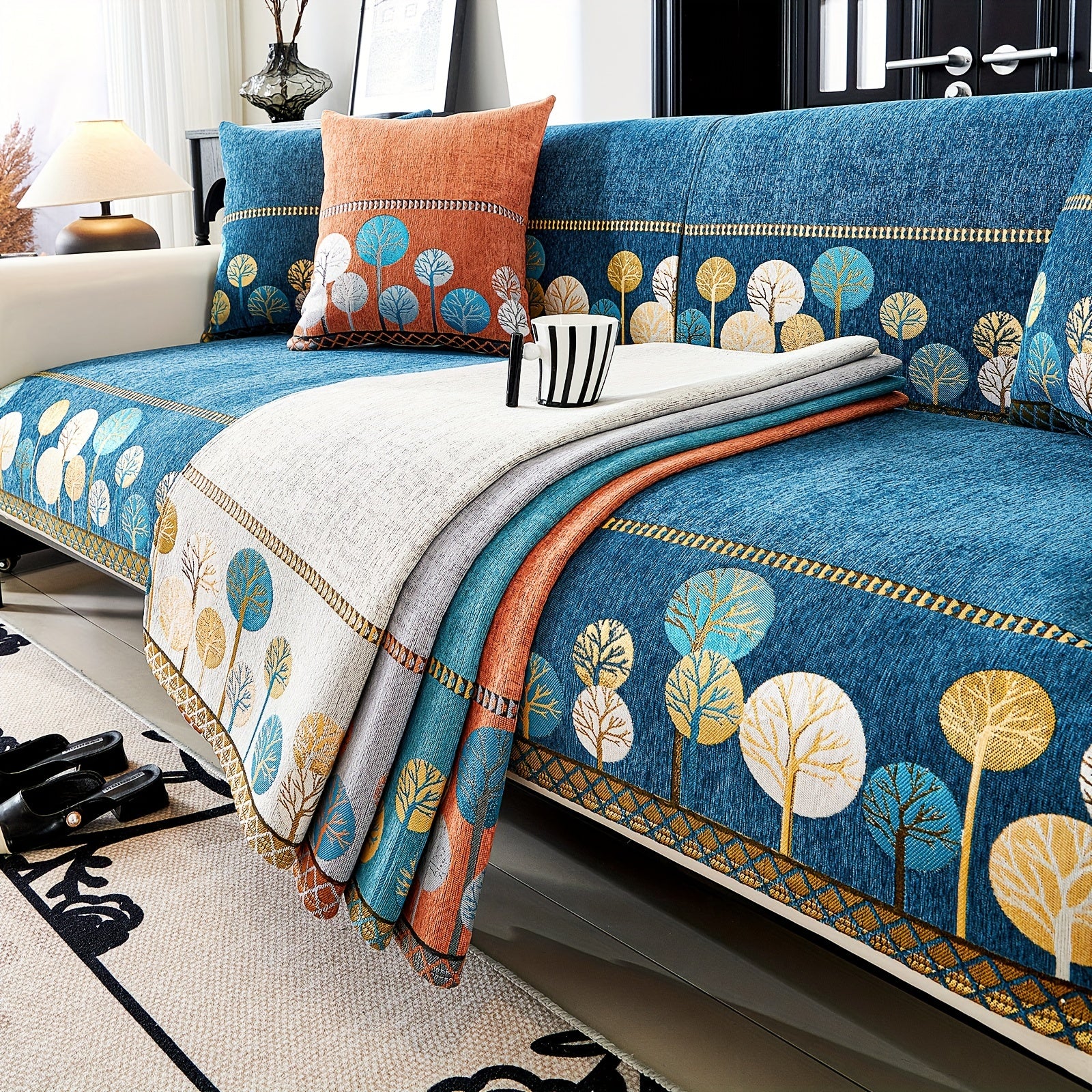 Chenille Sofa Slipcover with Geometric Embroidery Pet-Friendly Fabric for Home Decor