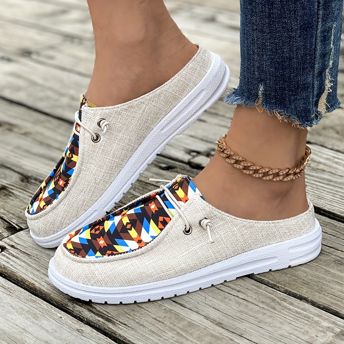 Women's Canvas Slip-On Shoes With Geometric Pattern Casual Sneakers
