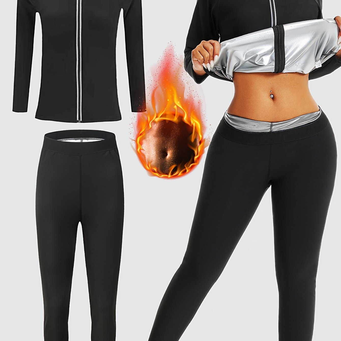 Women's Sauna Sweat Suit Set with Long Sleeve Zip-Up Jacket and Pants for Yoga and Fitness