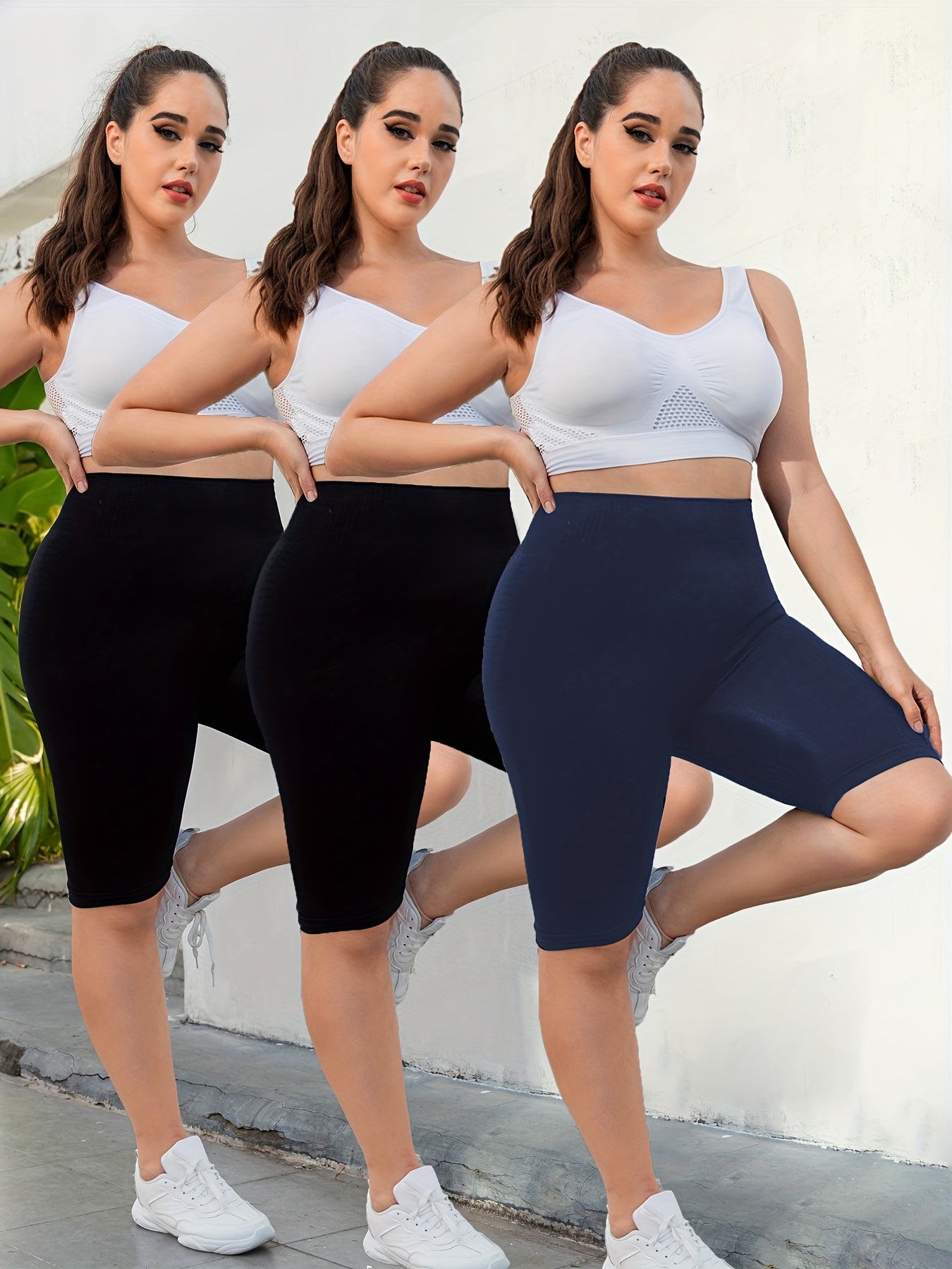 Pantalones cortos de yoga para mujer talla plus de cintura alta con levantamiento de melocotón, pack de 3, elásticos para entrenamiento