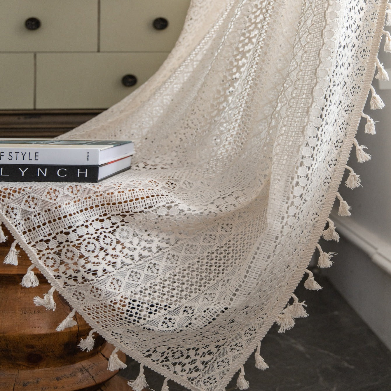 Beige Boho Curtains with Fringe and Gold Details UV Protection Rod Pocket for Living Room Kitchen