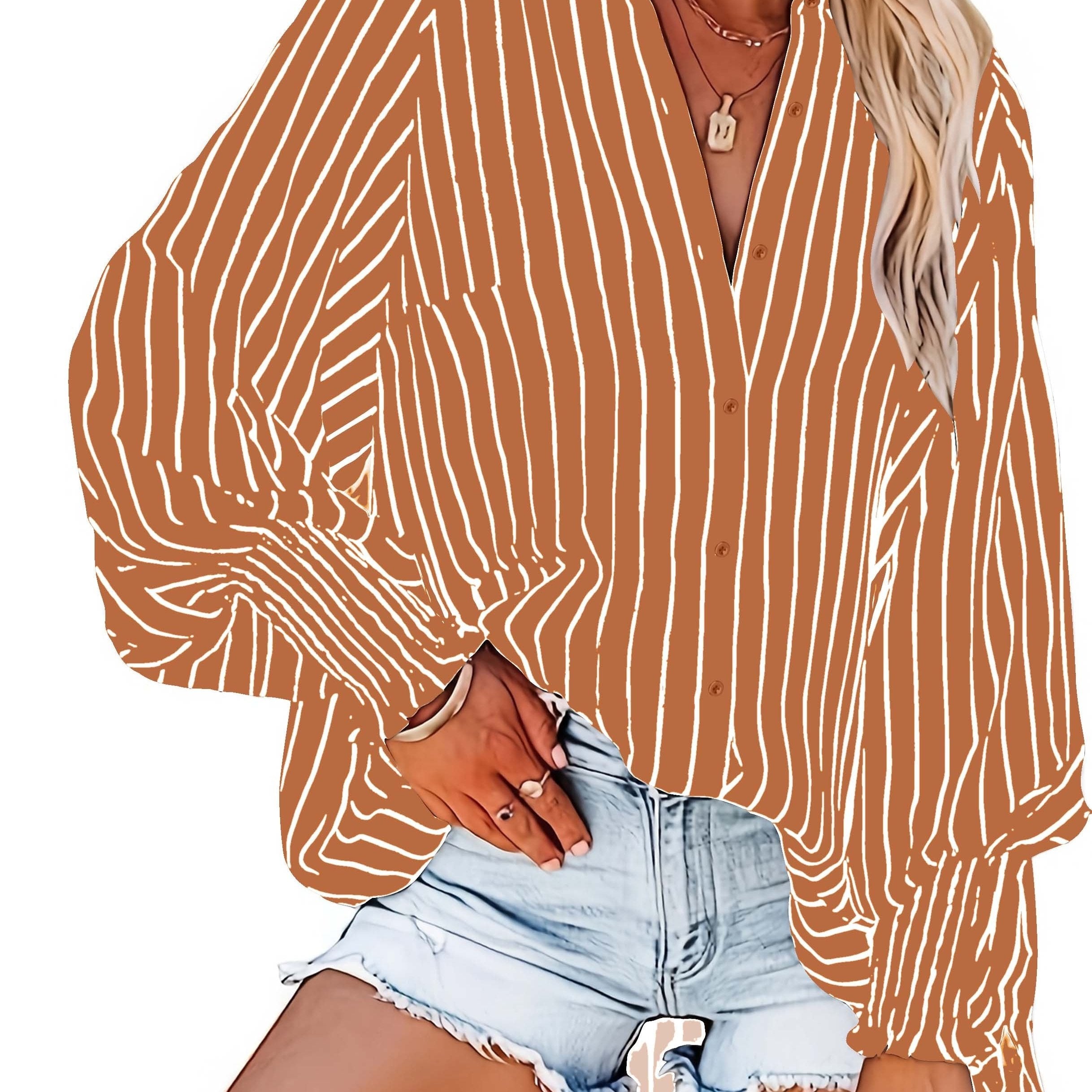 Plus Size Women's Striped V-Neck Blouse in Red and White Lightweight Polyester for Spring Fall Casual