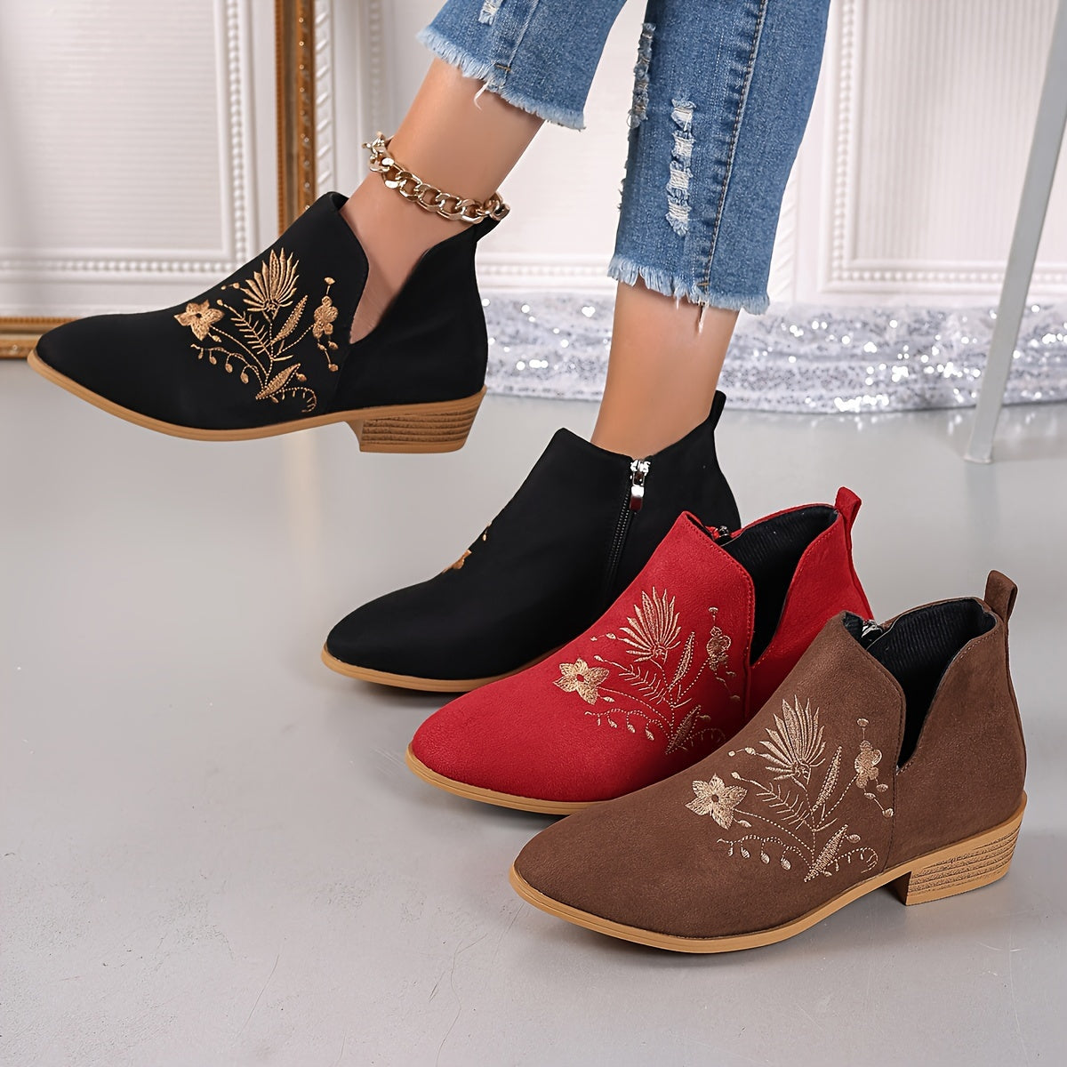 Women Embroidered Fabric Ankle Booties Round Toe Zip Mid-Heel French Heels