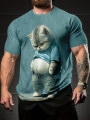 Camiseta de manga corta con cuello redondo y estampado de gato 3D para hombre