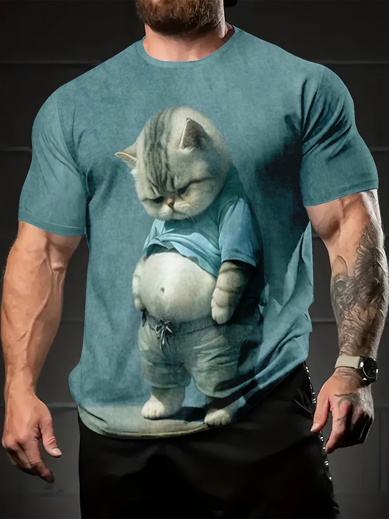 Camiseta de manga corta con cuello redondo y estampado de gato 3D para hombre