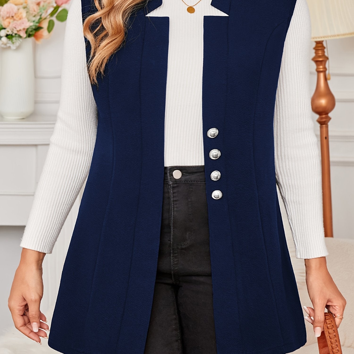 Plus Size V-Neck Lapel Sleeveless Blazer Solid Color Knit Blazer for Women