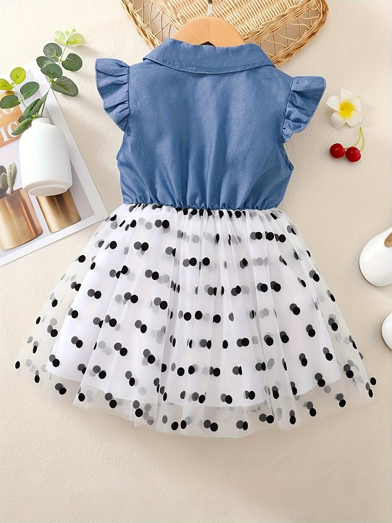 Girls Summer Cotton Dress with Polka Dots and Imitation Denim Print