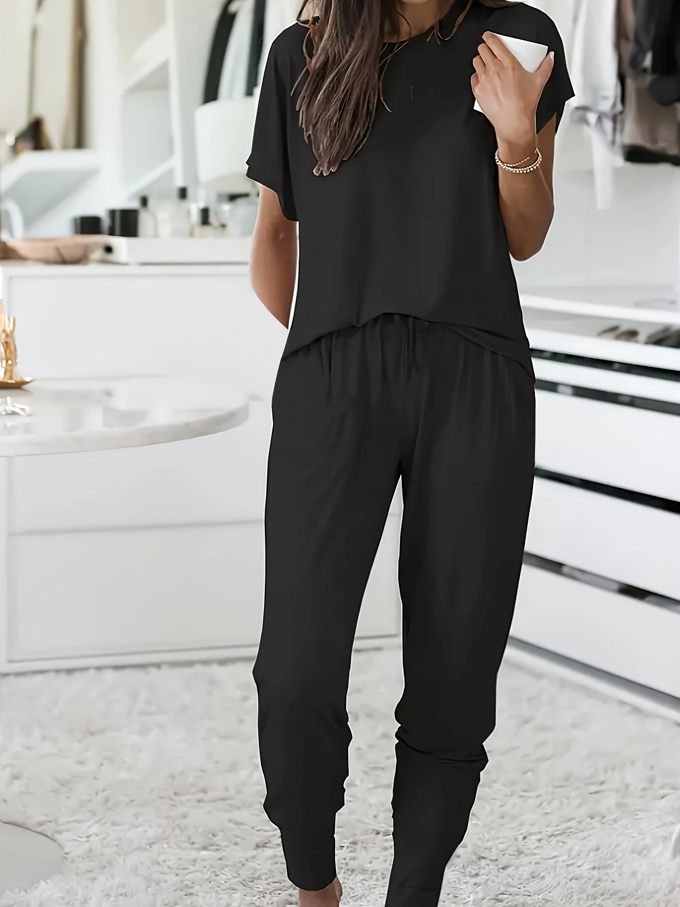 Women's Plus Lounge Set Solid Round Neck Top and Drawstring Pants