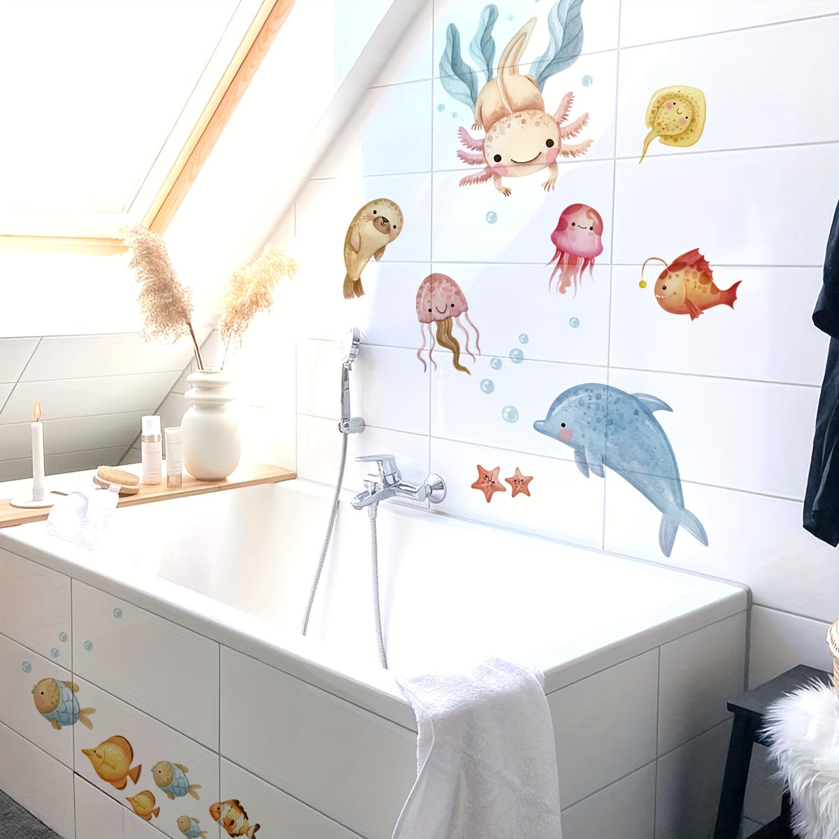 Colorful Underwater Animal Bathtub Sticker for Kids Bathroom Decor