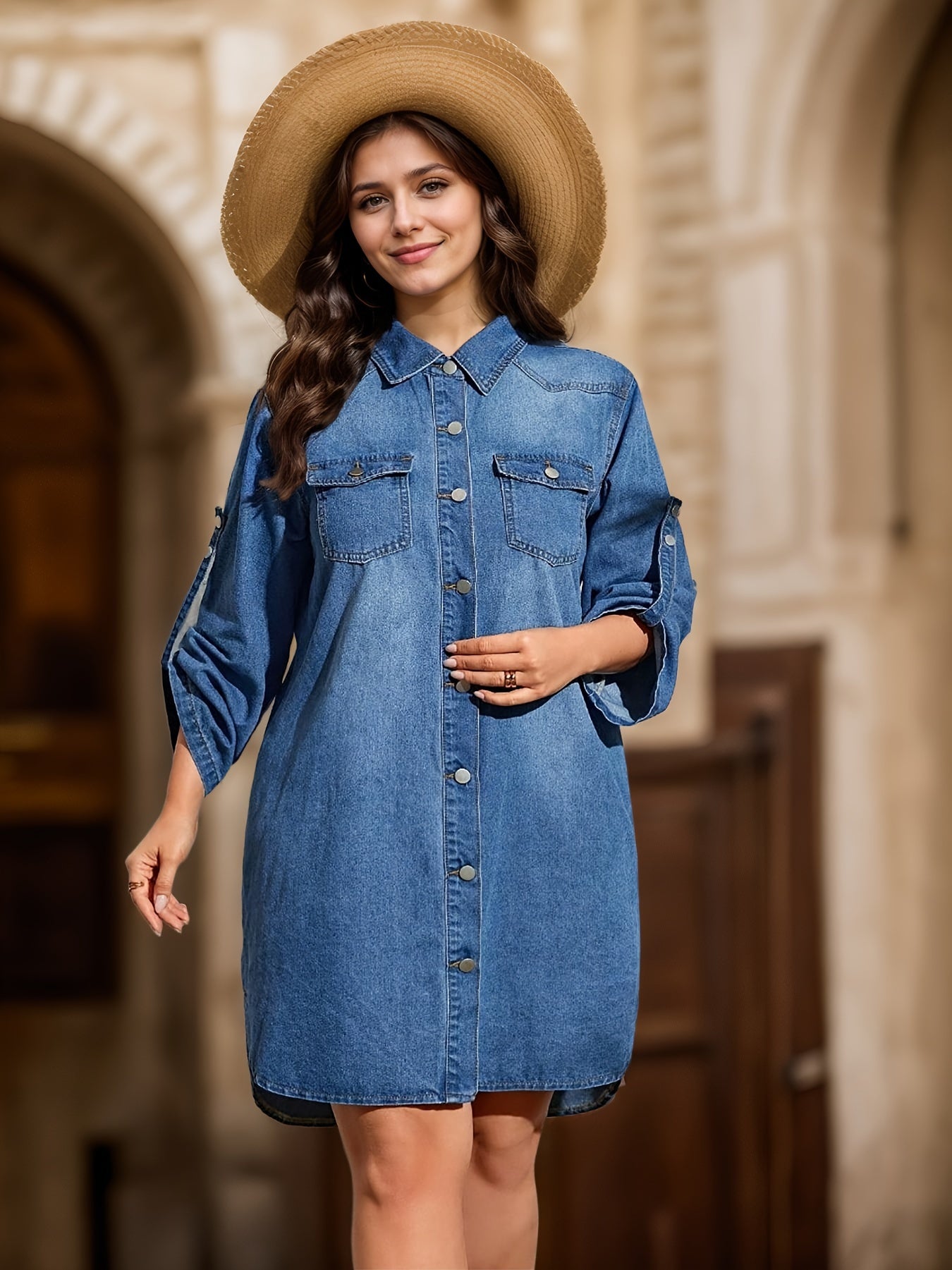 Women's Denim Dress with Ruffle Hem Long Sleeves Button-Up Vintage Style