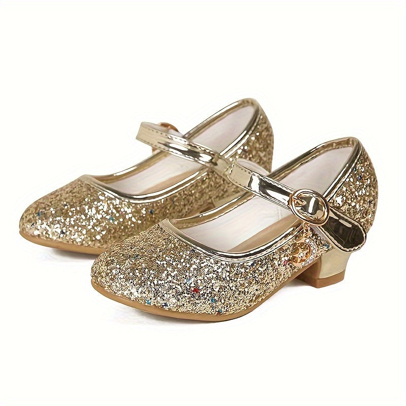 Girls' Crystal High-Heeled Shoes with Glitter and Sequins for Weddings and Parties