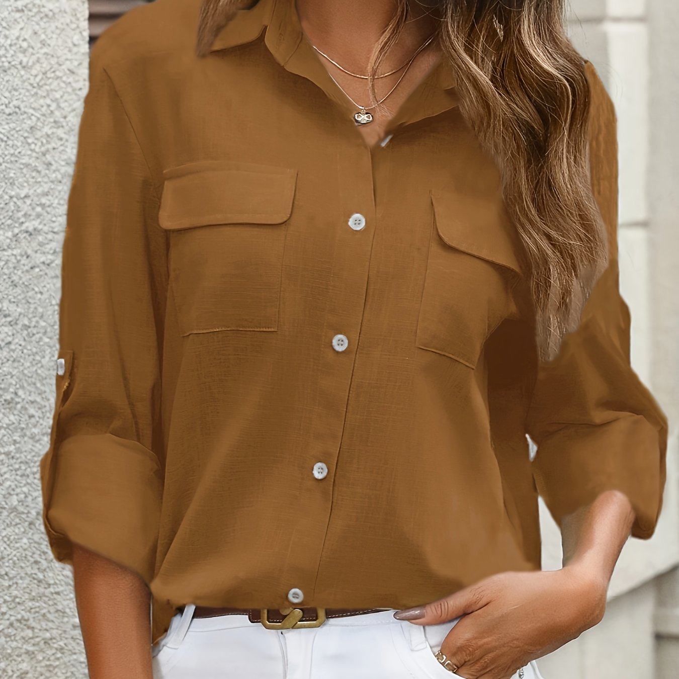 Women's Cotton Long Sleeve Shirt with Pockets and Button-Up Collar