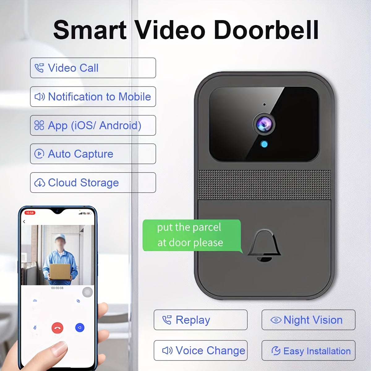 Wireless Video Doorbell with Night Vision Video Call Auto Capture Cloud Storage Easy Installation