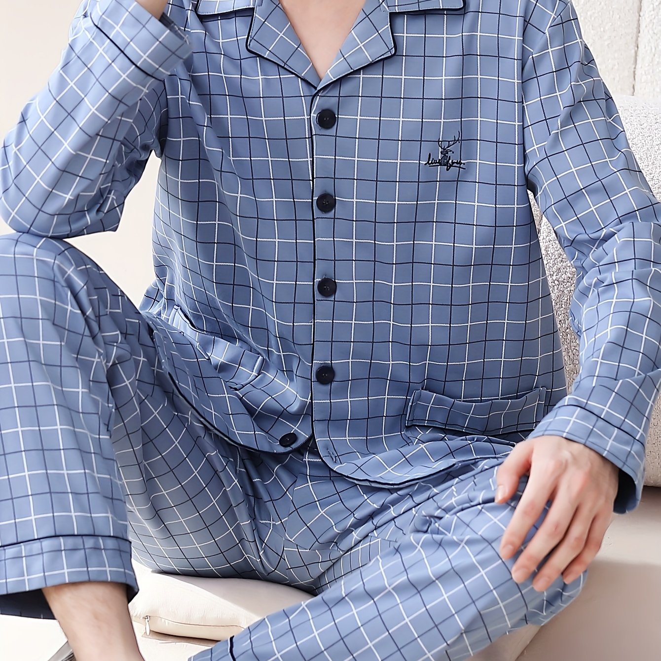 Men's Cotton Long Sleeve Pajama Pants with Pockets and Breathable Fabric