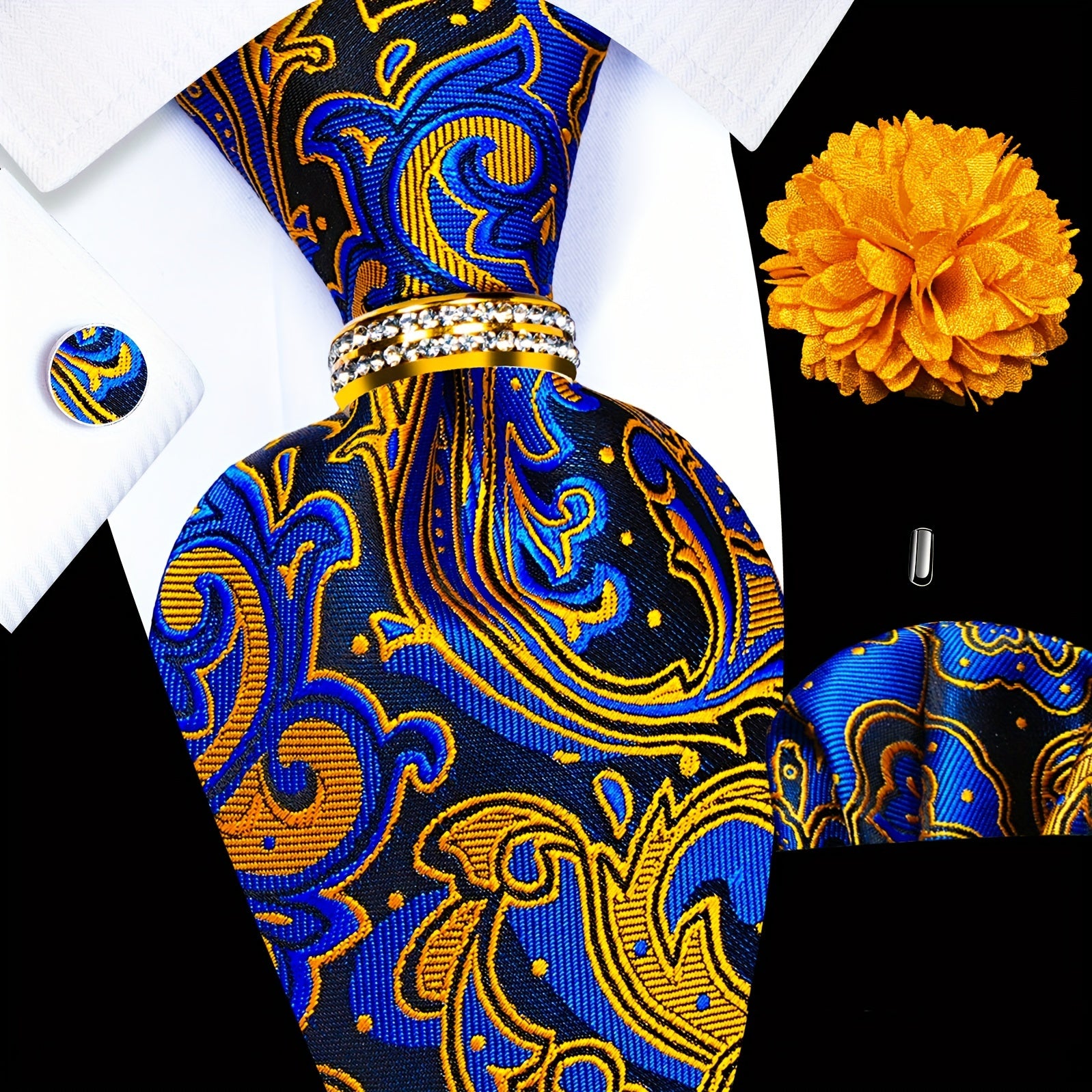 Men's Accessories Set Tie Pocket Square Cufflinks Lapel Pin Tie Ring for Wedding Groom