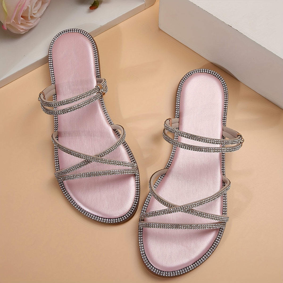 Women's Rhinestone Flat Slide Sandals Open-Toe Slip-On Adjustable Strap