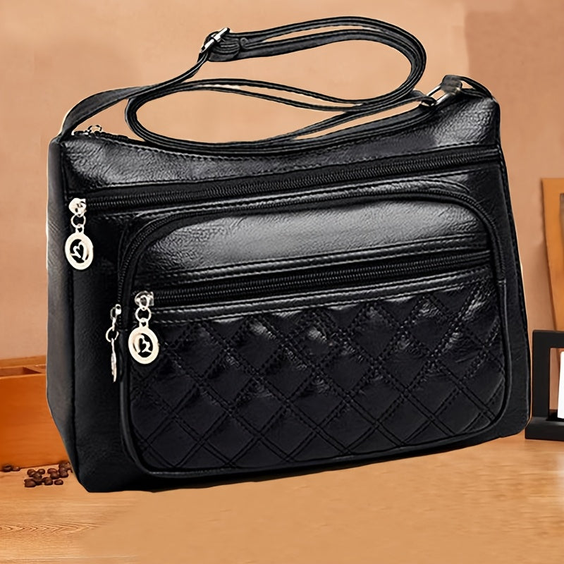 Women's Quilted Multi-Layer Shoulder Bag with Adjustable Strap and Zippered Compartments