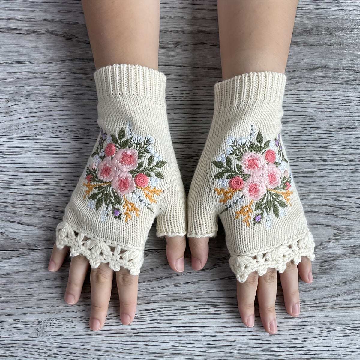 Women's Touchscreen Gloves with Retro Floral Knitted Embroidery and Hook Edge Detail