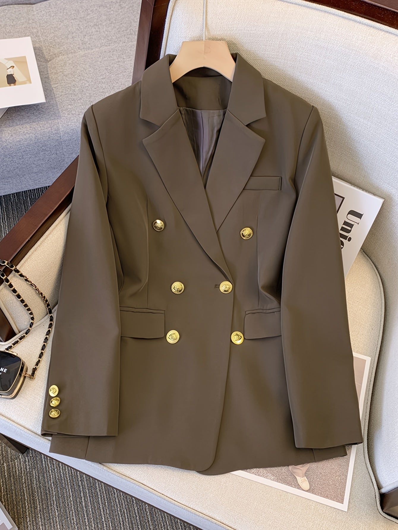 Women's Double Breasted Blazer Solid Color Casual Polyester Suit Jacket Long Sleeve Regular Fit