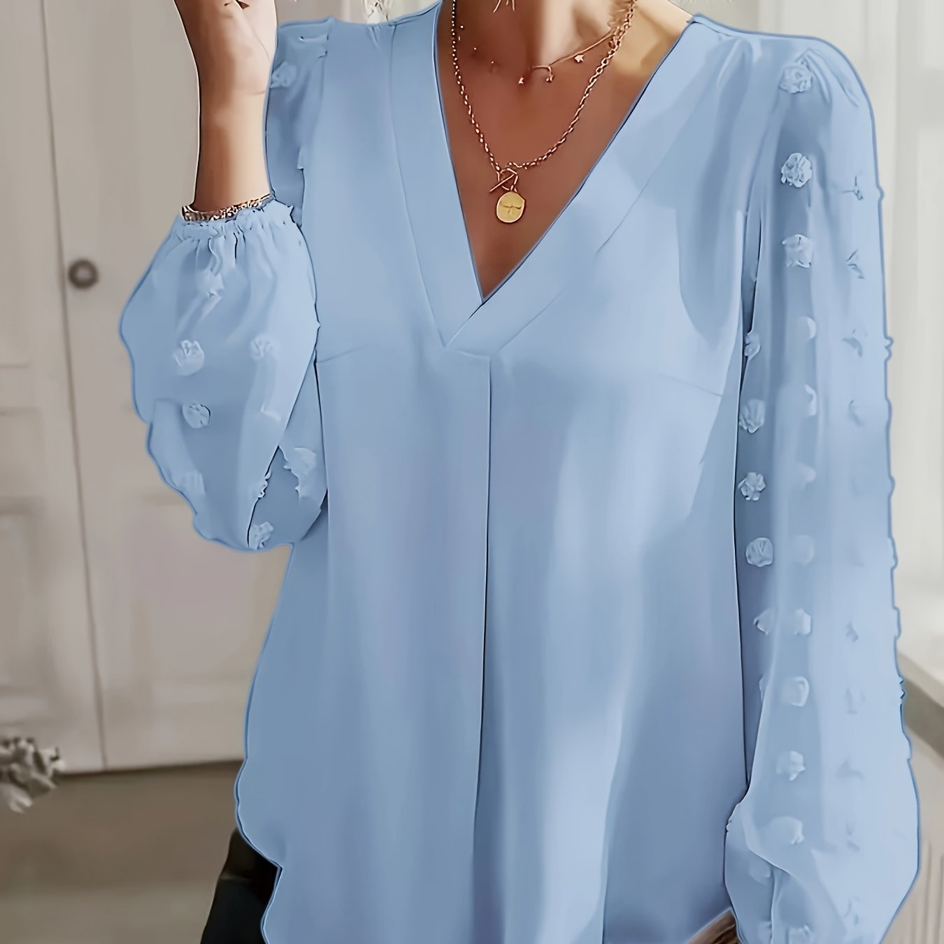 Women's V-Neck Shirt with Pom Pom Details Plus Size Long Sleeve Polyester