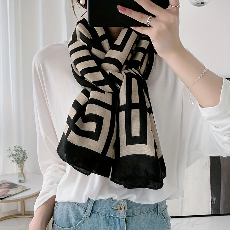 Women's Geometric Maze Scarf Breathable Lightweight Beige Black Sun Protection