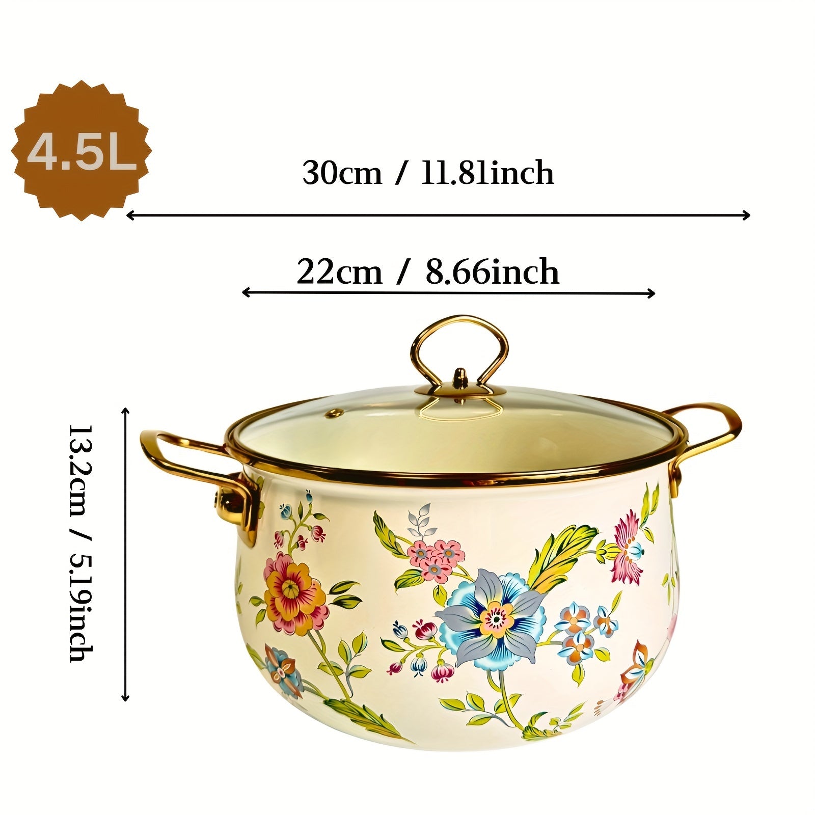 Enamel Double-Handled Soup Pot 5L Non-Stick Dishwasher Safe Floral Design