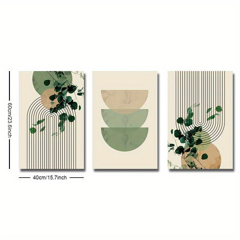 Set of Three Eucalyptus Leaf and Geometric Wall Art Prints for Living Room Decor