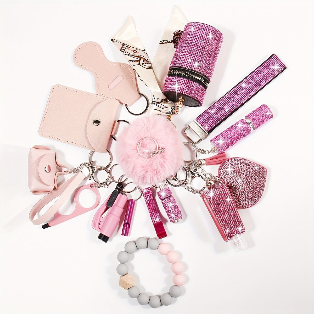 Set of 15 Rhinestone Safety Keychains with Wristlet, Pouch, Pom Pom Card Holder and Accessories