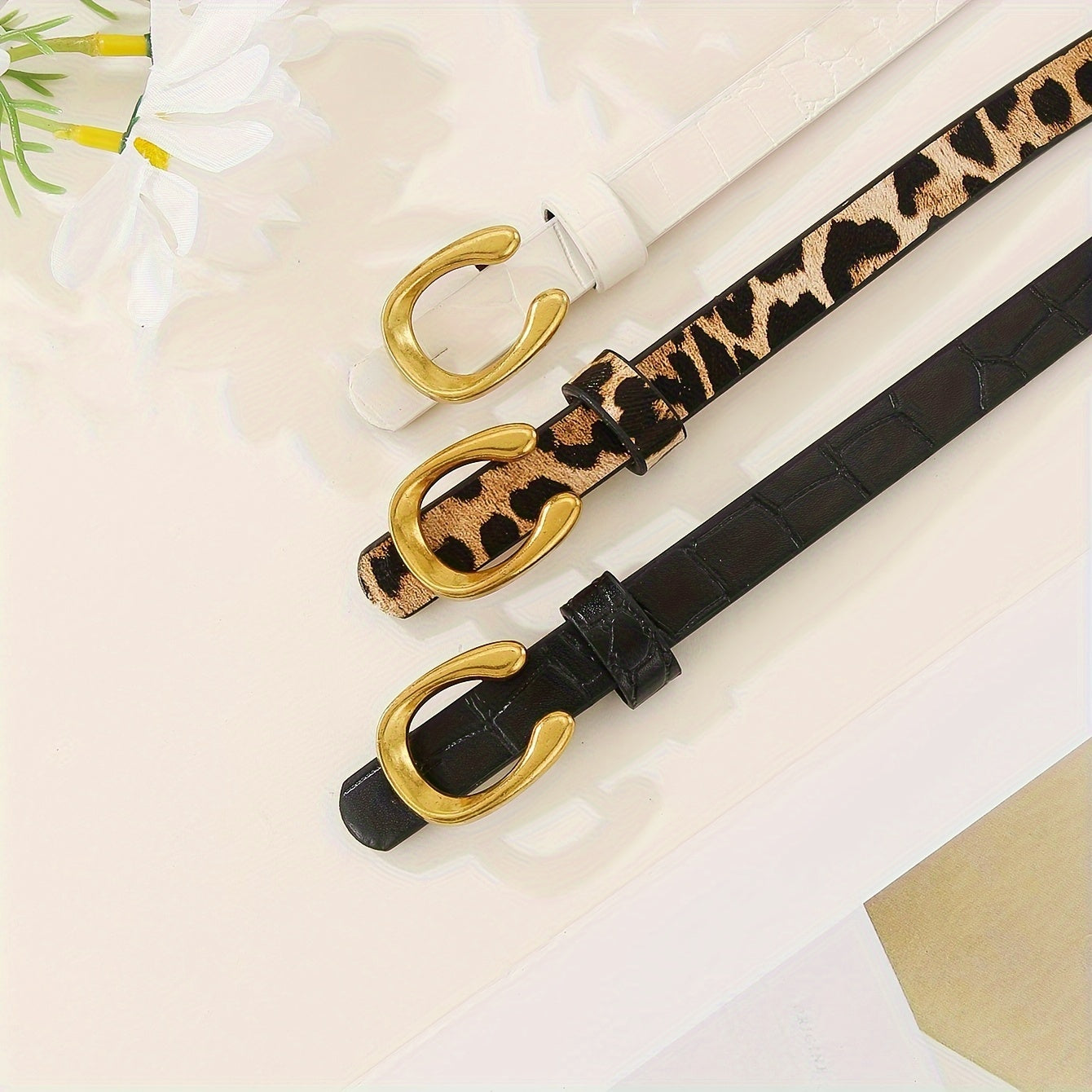 Set of 3 Leopard and Letter Print Women's Belts with U-Shaped Alloy Buckle
