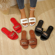 Ayollar uchun qora toʻqilgan yalpi ochiq barmoqli qulaylikli oddiy sandallar