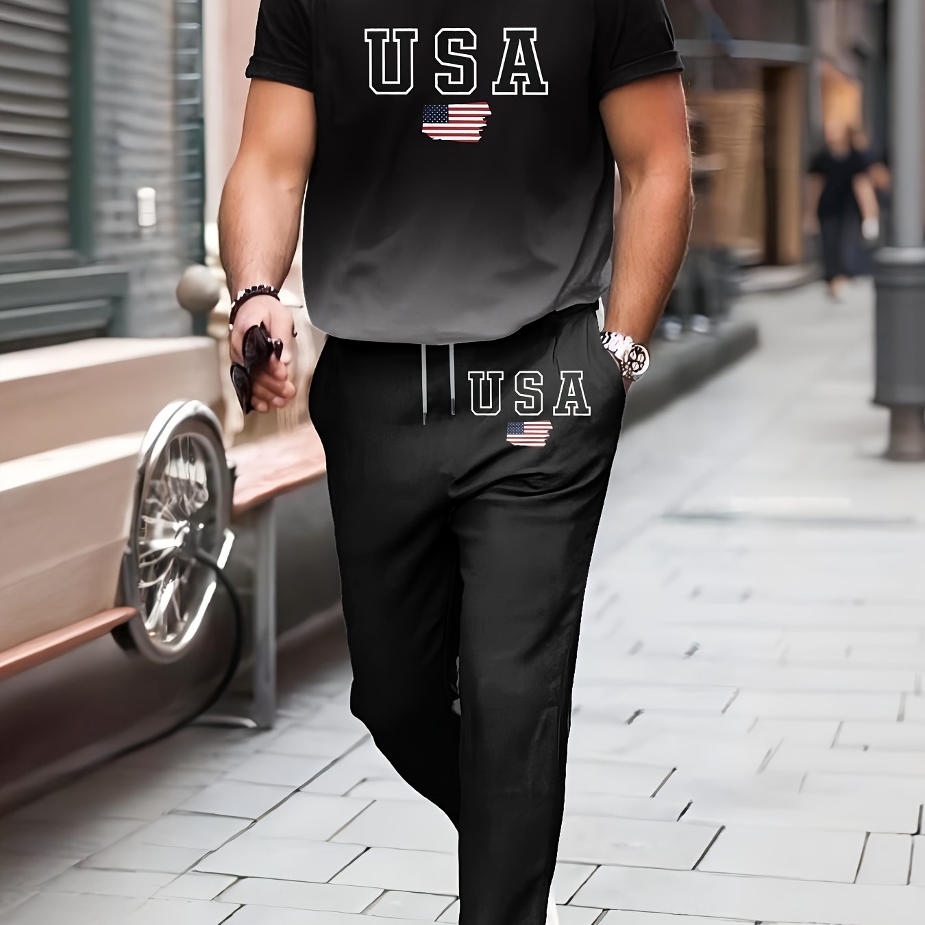Men's Short-Sleeve Set Black and White Gradient 3D Print Polyester Casual