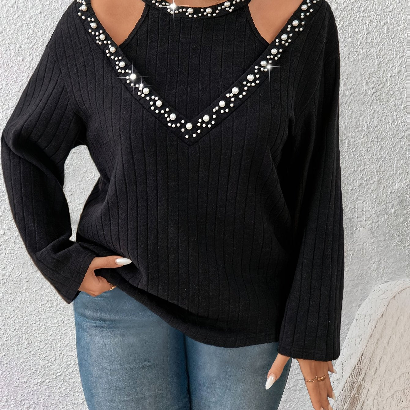 Women's Plus Size Pearl-Embellished Faux Two-Piece Long Sleeve T-Shirt Top