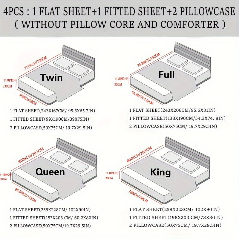 Juego de sábanas de satén de 4 piezas, reversible, transpirable, antideslizante, de color sólido para dormitorio, invitados, hotel