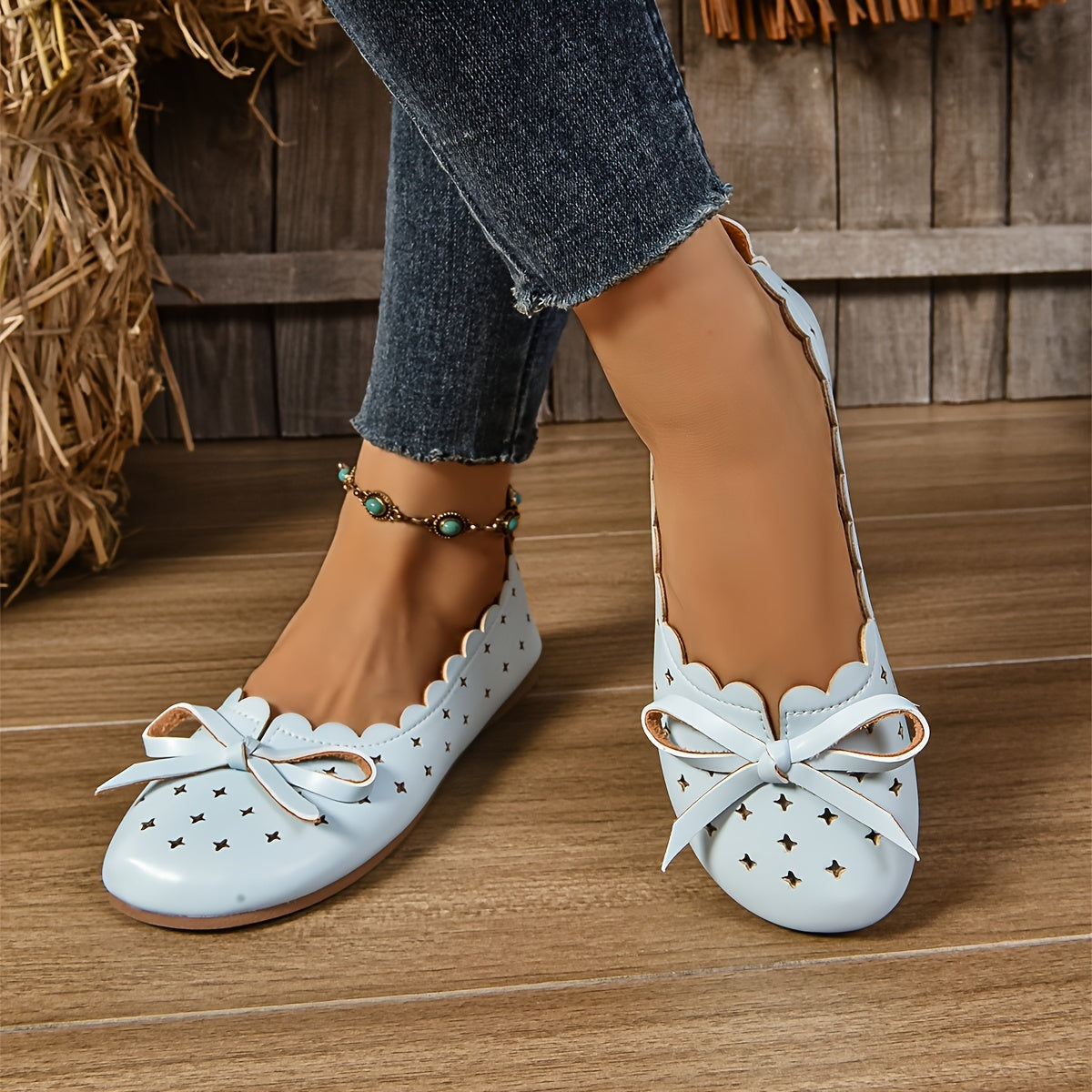 Women's All-Season Ballet Flats Breathable Slip-On Shoes with Bow Accents