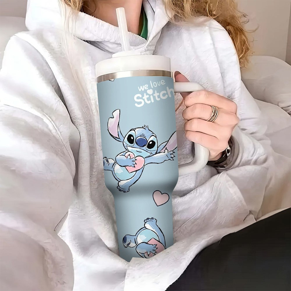 Disney Stitch 40oz zanglamas po'latdan yasalgan suv shishasi, qopqoq va solgich bilan, oqimga chidamli, ikki devorli vakuum izolyatsiyalangan, katta sig'imli, sayohat uchun mukammal.