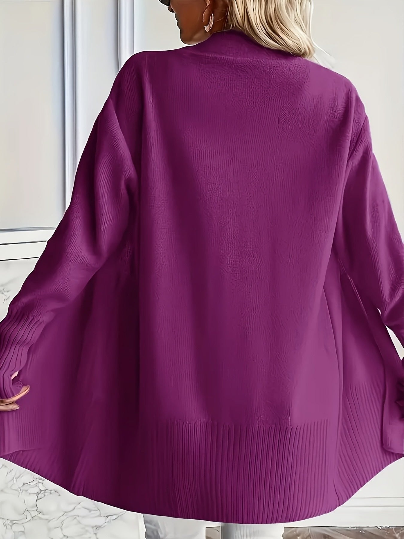 Women's Purple Knit Cardigan Open Front Sweater Long Sleeves