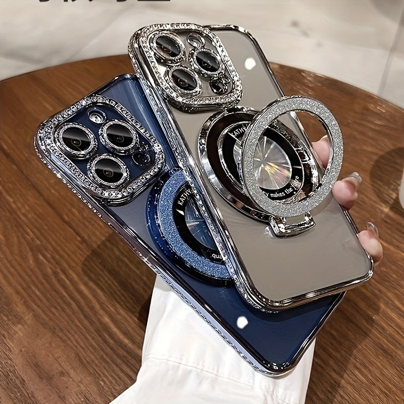 Роскошный магнитный чехол из TPU с блестками и стразами для iPhone 12-16 Pro Max Plus с амортизирующим бампером