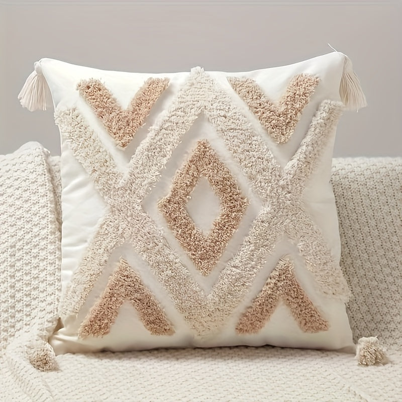 Beige Tufted Pillow Cover with Tassels and Geometric Pattern for Couch or Bed