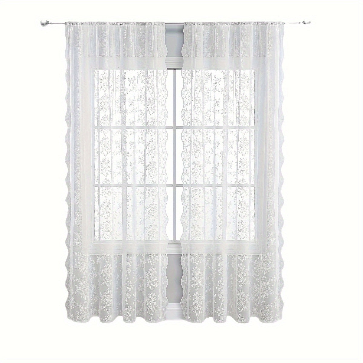 White Lace Window Screen with Double Lace Rod Solid Color Jacquard Curtain