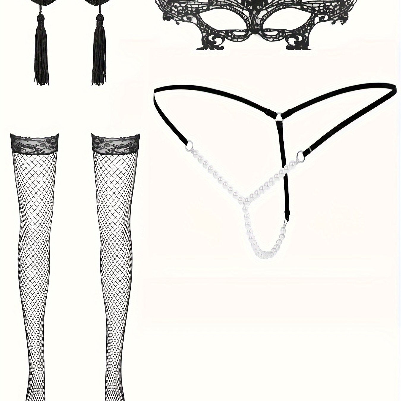 Women's Lingerie Set Includes Pearl Thong Stockings and Lace Eye Mask