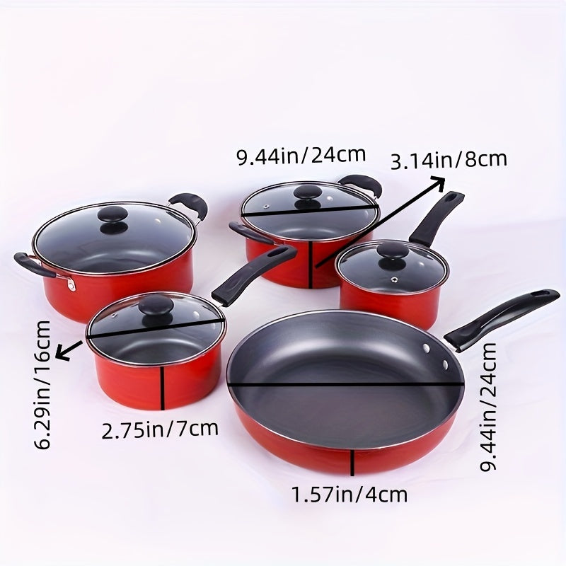 Set of 5 Red Enamel Non-Stick Cookware Pieces for Home and Restaurant