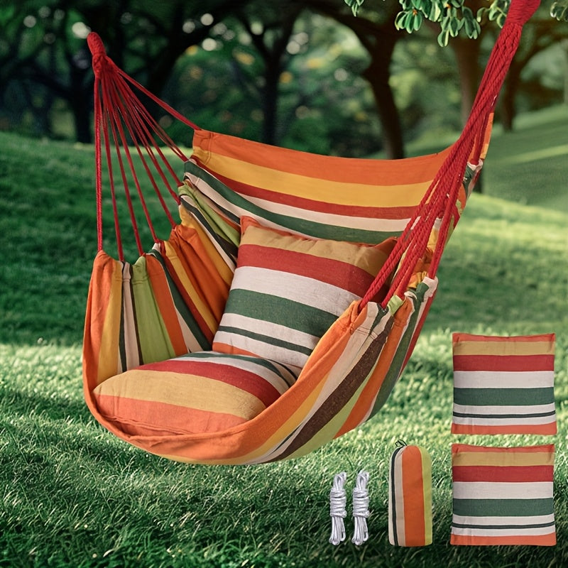 2 Outdoor Hammocks with Striped Pillows Portable Foldable for Camping and Relaxation