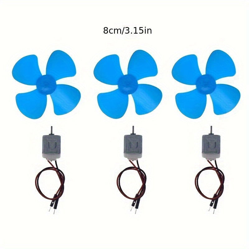 Set of 3 Miniature High-Speed DC Motors with Blue Plastic Fan Blades 130 Motors